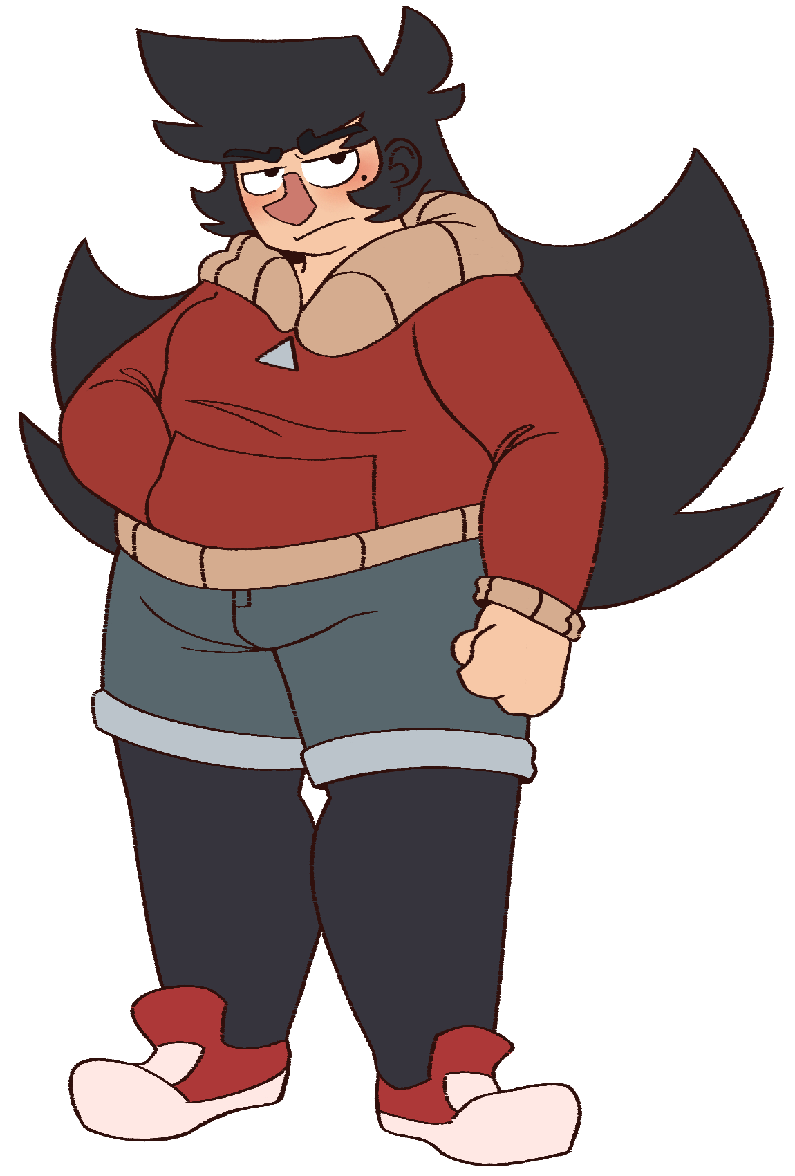 A fullbody drawing of Holly; she has long black hair and wears a red jacket, jean shorts, and black tights. She has an angry expression on her face.