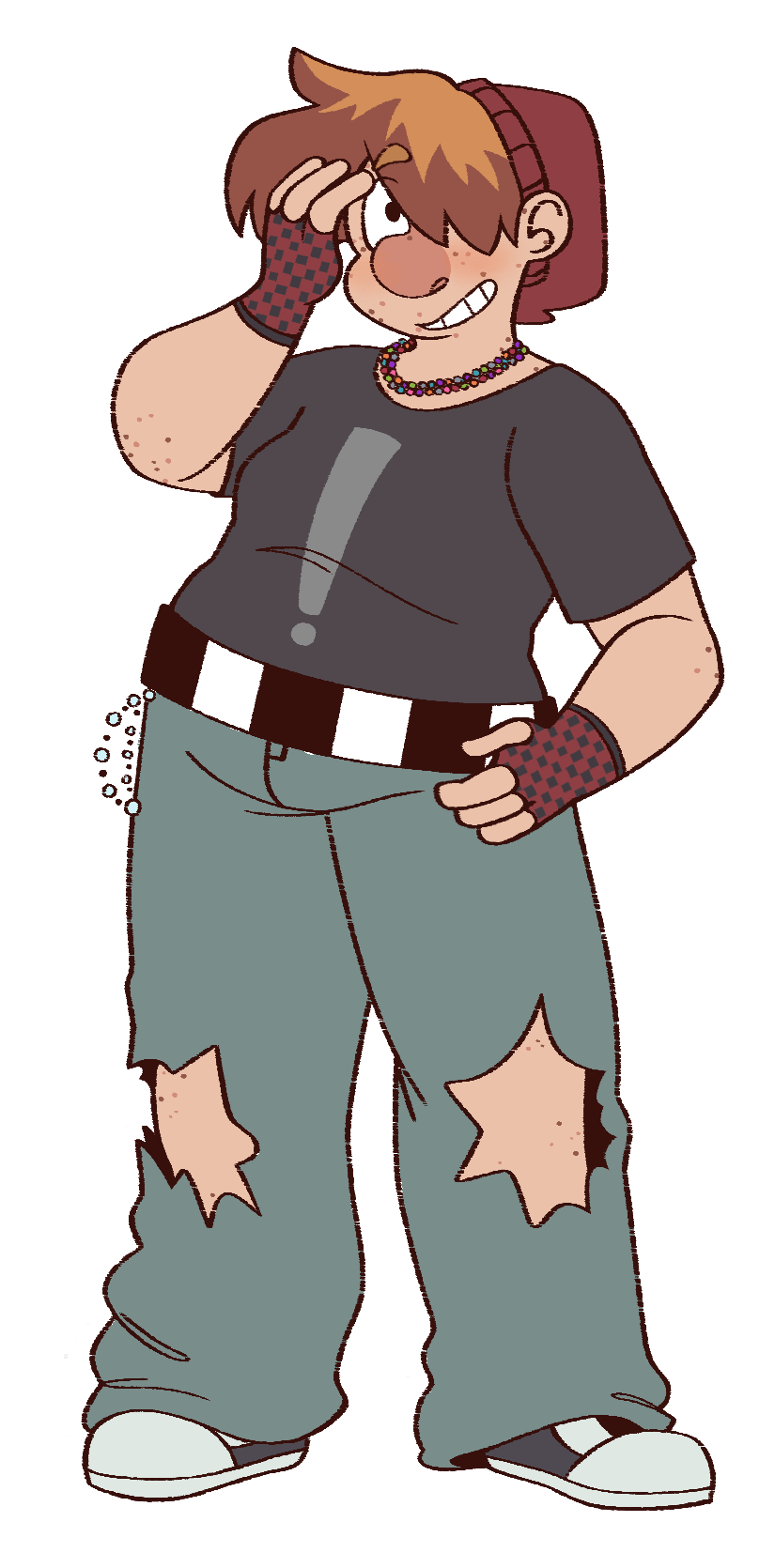 A fullbody drawing of Jess; they have ginger hair and wear a red beanie. They wear a grey t-shirt with an exclamation point logo, ripped blue jeans, black and red checkered gloves, and sneakers. They have a smile and lots of freckles on their face.