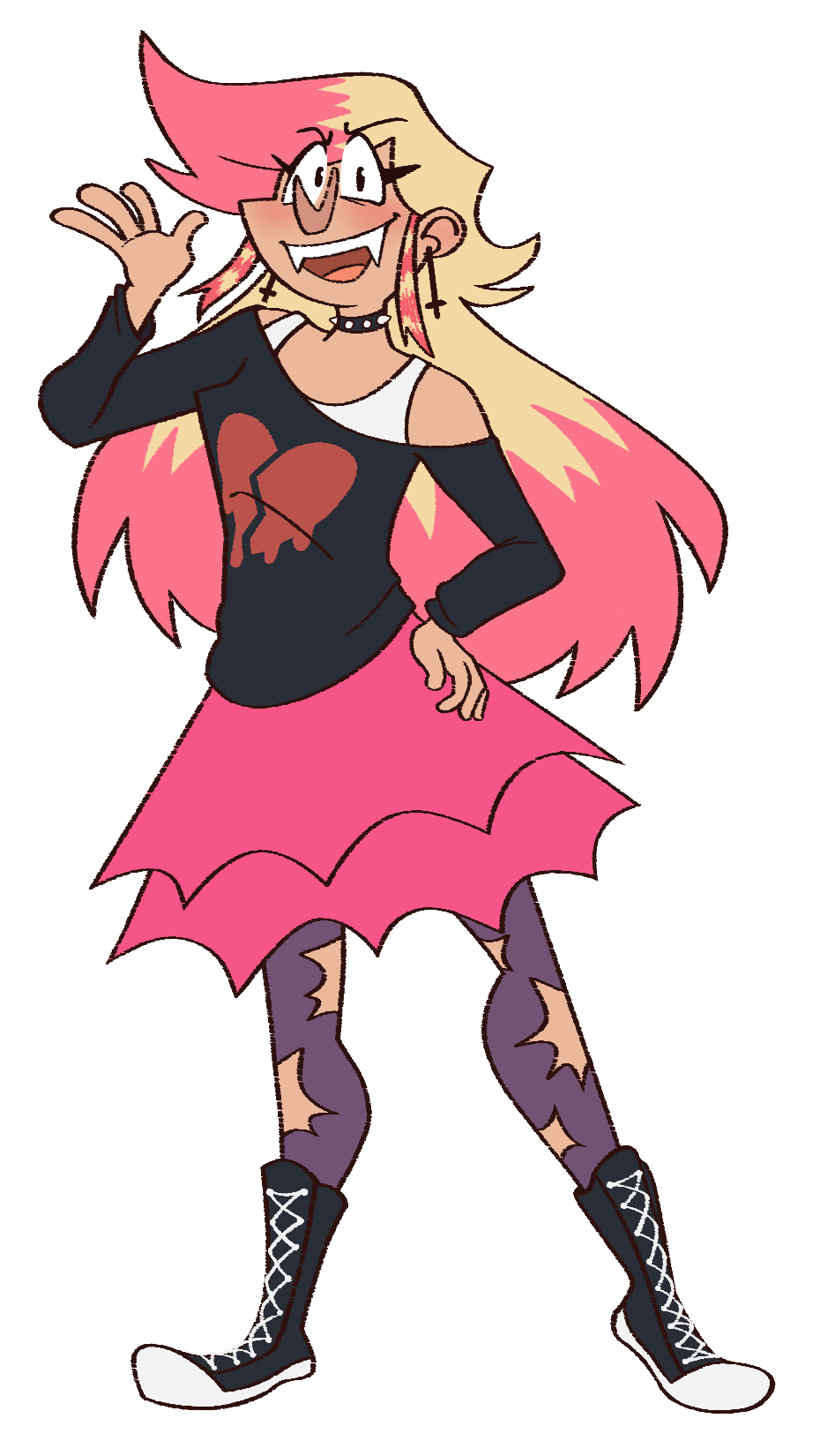 A fullbody drawing of Lila; she has blonde hair with pink tips. She wears a black sweater with a broken, bleeding heart logo, a pink skirt, purple ripped tights, and converse. She is smiling and has vampire fangs.