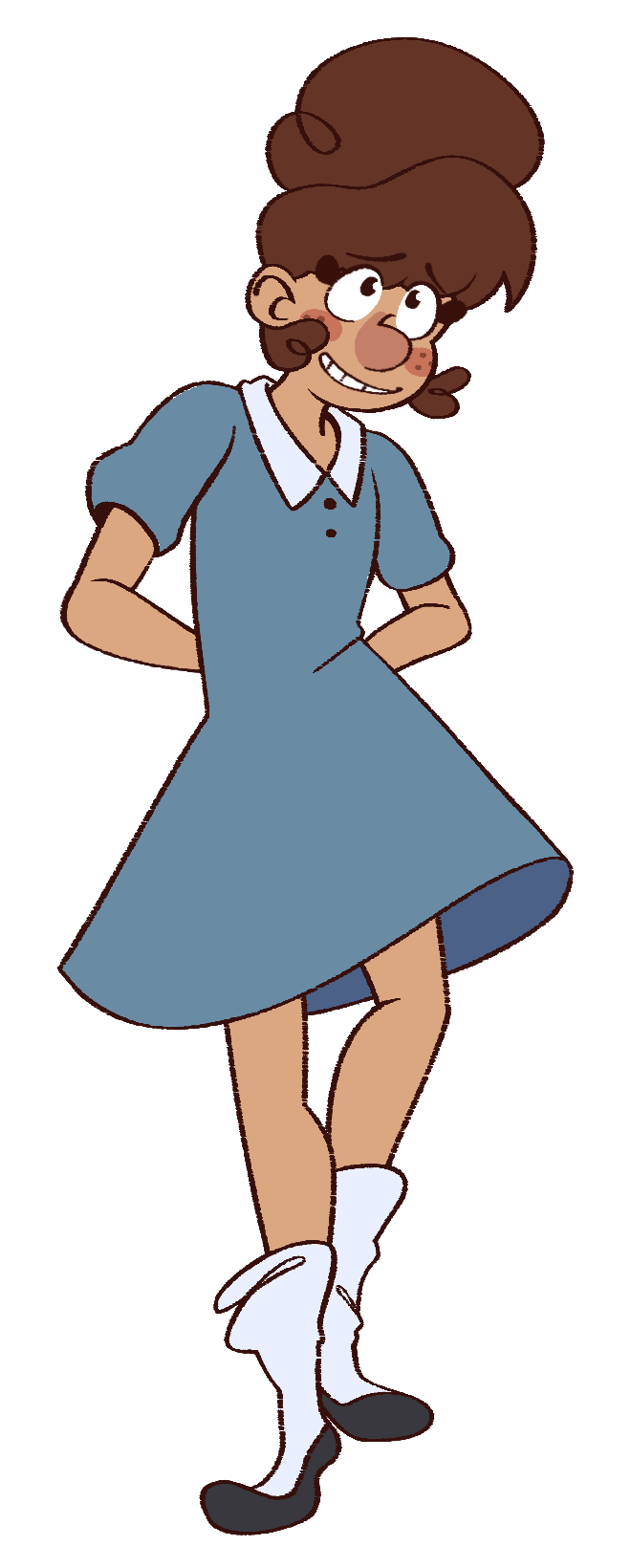A fullbody drawing of Macy; she has brown curly hair in a high ponytail and wears a blue dress with a white collar and white socks; a nervous smile on her face