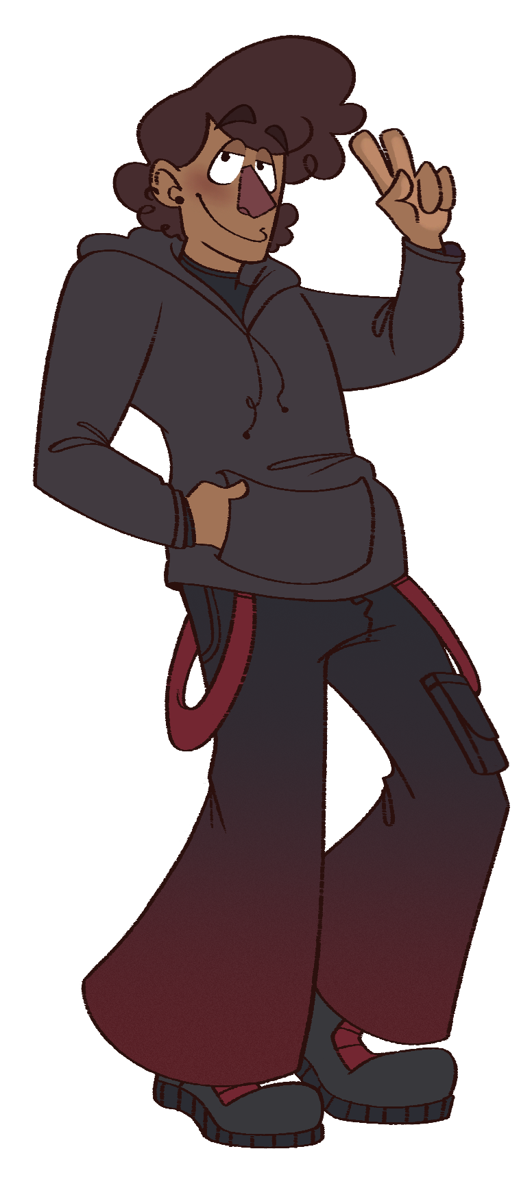 A fullbody drawing of Russel; he has brown curly hair and wears a black hoodie, black pants with a red gradient on the legs, and black and red sneakers. He has a cool and calm smile on his face, and he is holding up a peace sign.
