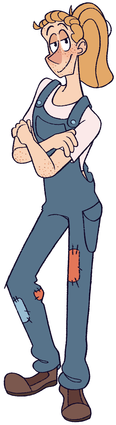 A fullbody drawing of Tyler; she has blonde hair in a ponytail and freckles. She wears blue overalls and a white t-shirt underneath. She has a calm smile on her face.